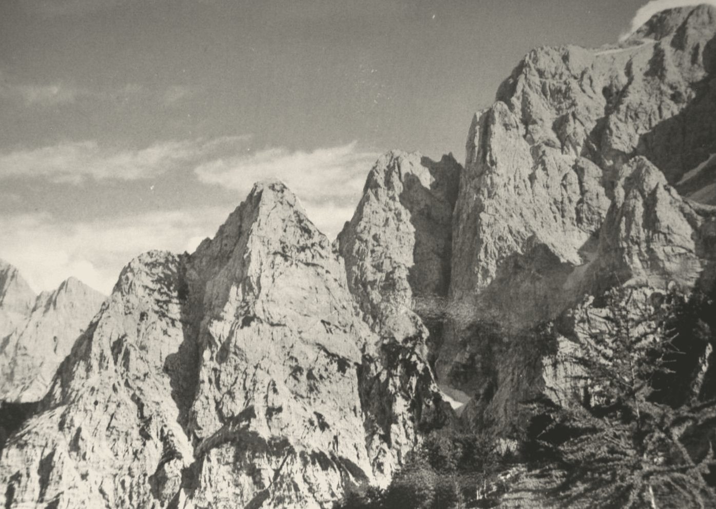 Limestone peaks above larches, 1966 postcard